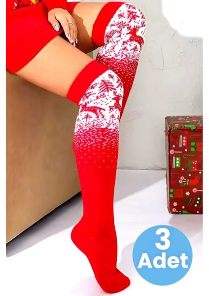 Kadın Yeni Yıl Temalı Geyik Desenli Diz Üstü Çorap 3'lü Set fırsatları