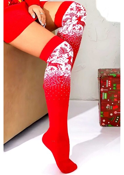 Kadın Yeni Yıl Temalı Geyik Desenli Diz Üstü Çorap 2'li Set indirimleri