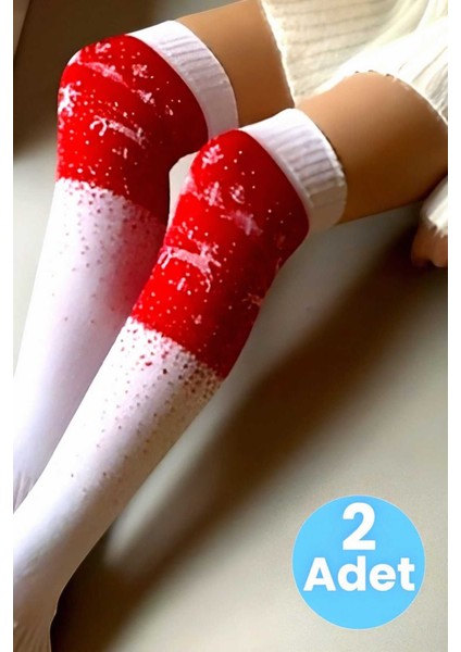 Kadın Yeni Yıl Temalı Geyik Desenli Diz Üstü Çorap 2'li Set fırsatları