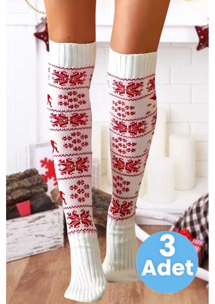 Kadın Yeni Yıl Temalı Kar Tanesi Desenli Diz Üstü Çorap 3'lü Set