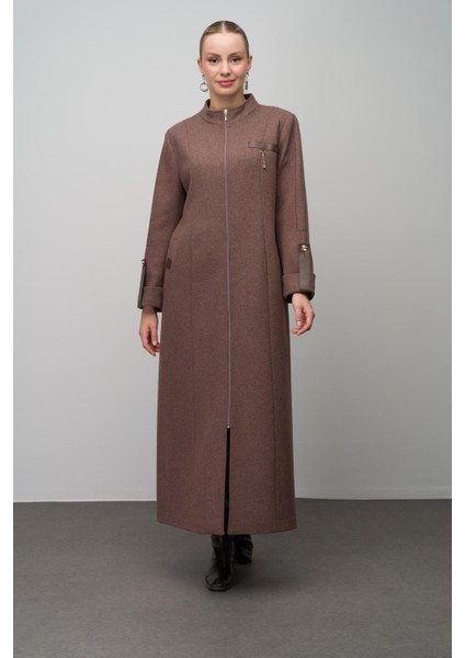 Deri ve Aksesuar Detaylı Yün Karışımlı Büyük Beden Pardesü KAHVE MELANJ 6629