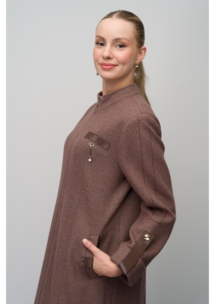 Deri ve Aksesuar Detaylı Yün Karışımlı Büyük Beden Pardesü KAHVE MELANJ 6629 fiyatları