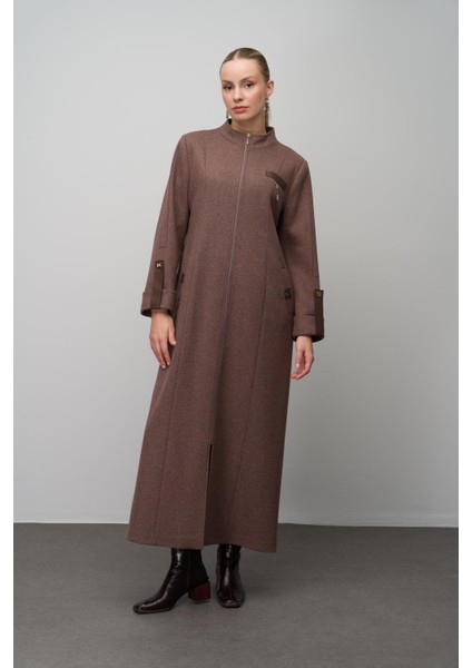 Deri ve Aksesuar Detaylı Yün Karışımlı Büyük Beden Pardesü KAHVE MELANJ 6629 modelleri