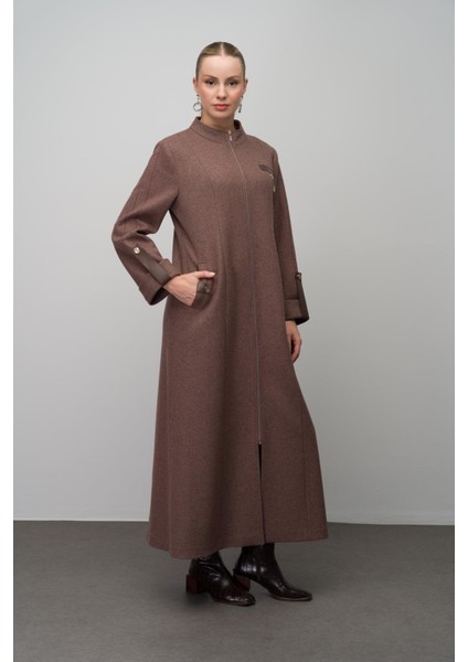 Deri ve Aksesuar Detaylı Yün Karışımlı Büyük Beden Pardesü KAHVE MELANJ 6629 fırsatları