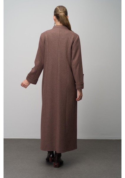 Deri ve Aksesuar Detaylı Yün Karışımlı Büyük Beden Pardesü KAHVE MELANJ 6629 indirimleri