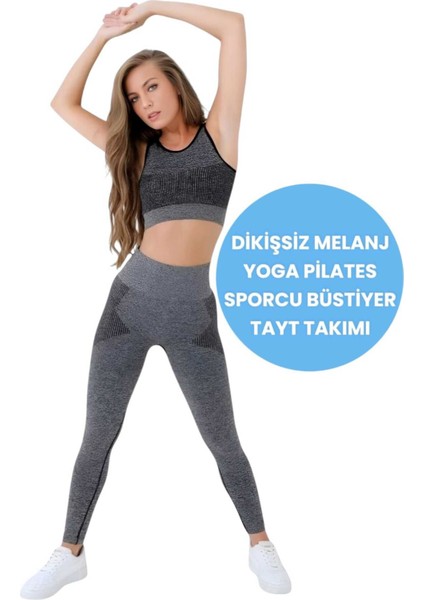 Kadın Dikişsiz Melanjlı Fitness Yoga Pilates Sporcu Büstiyer Tayt Takımı