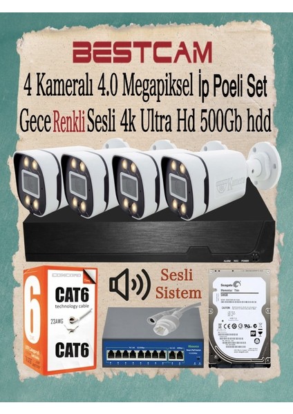 4 Kameralı 4 Mega Piksel Ip Poeli Set Gece Renkli Sesli 4K Ultra Hd 500 Gb Hdd