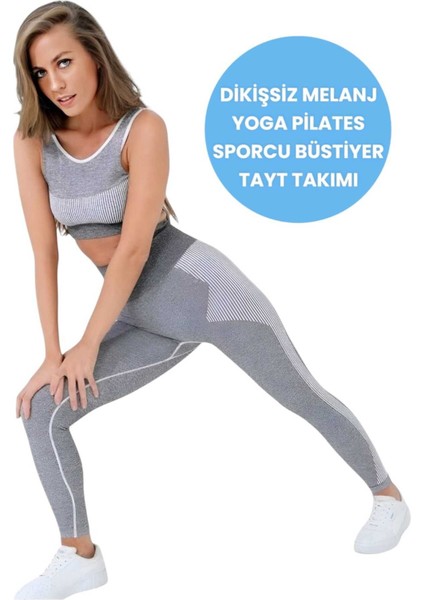 Kadın Dikişsiz Melanjlı Fitness Yoga Pilates Sporcu Büstiyer Tayt Takımı