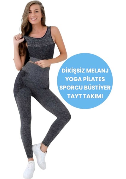 Kadın Dikişsiz Melanjlı Fitness Yoga Pilates Sporcu Büstiyer Tayt Takımı