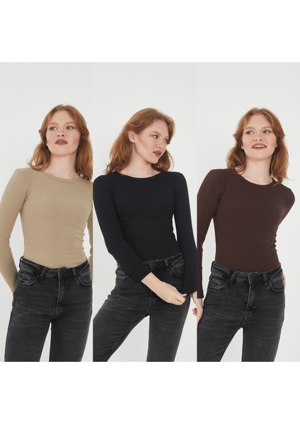 Kadın 3'lü Bisiklet Yaka Uzun Kollu Fitilli Bluz Set