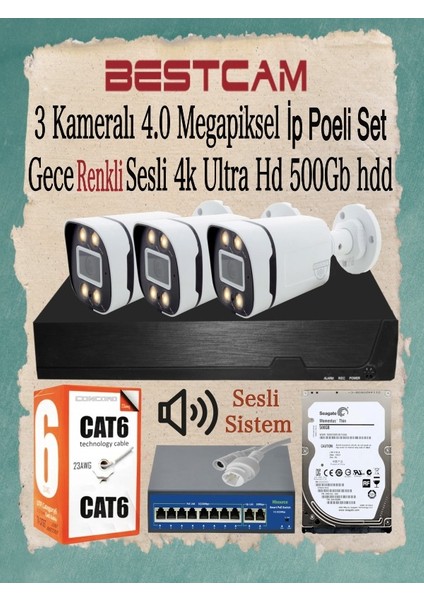 3 Kameralı 4 Mega Piksel Ip Poeli Set Gece Renkli Sesli 4K Ultra Hd 500 Gb Hdd