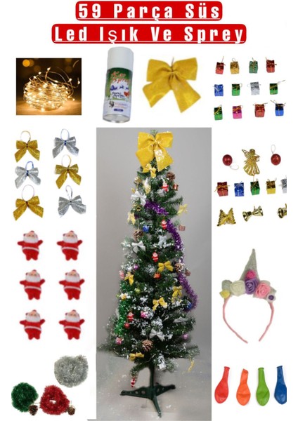 Yılbaşı Çam Ağacı Seti 120 CM + 59 PARÇA SÜS + LED IŞIK + KAR SPREYİ + TEPELİK FİYONK + SİMLİ ŞERİT SÜSÜ