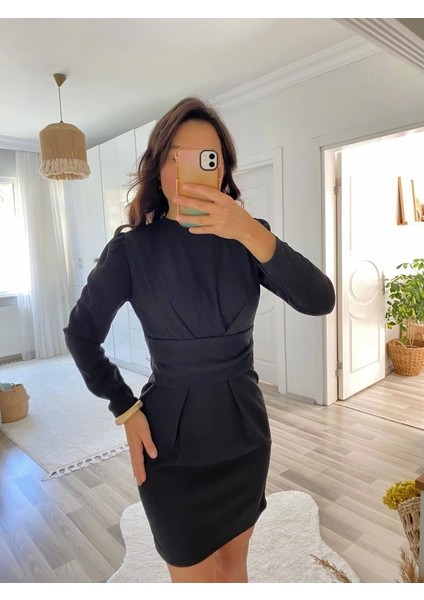 Kadın Uzun Kollu Bisiklet Yaka Bel Kemer Detay Ithal Krep Elbise fiyatları