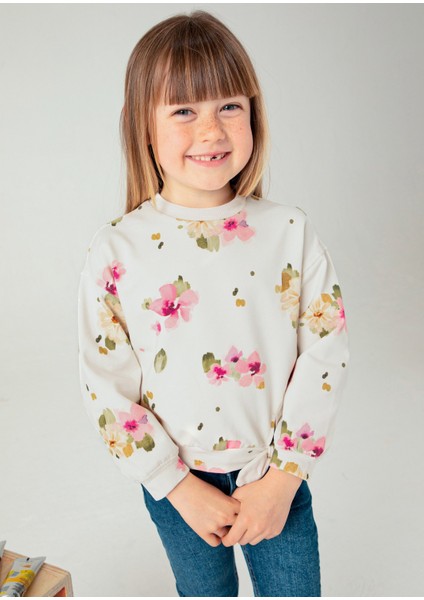 Kız Çocuk Çiçekli Sweatshirt Krem