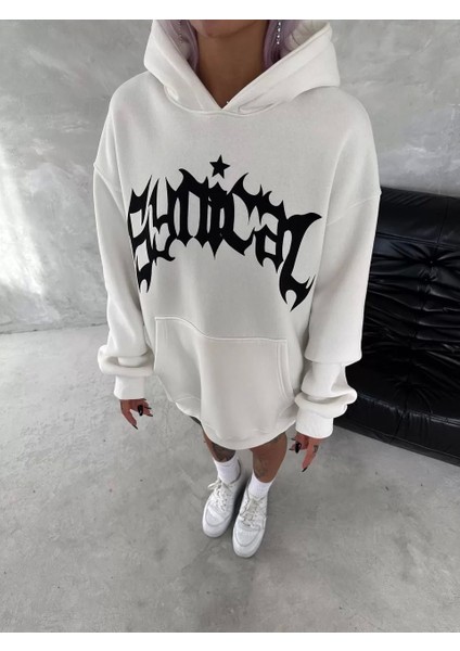 Unisex Üç Iplik Kapşonlu Baskılı Sweatshirt - Beyaz modelleri