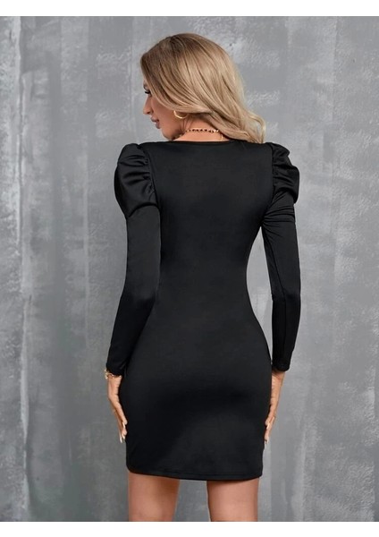 Kadın Uzun Kollu Kruvaze Yaka Kol Detaylı Ithal Krep Mini Elbise modelleri