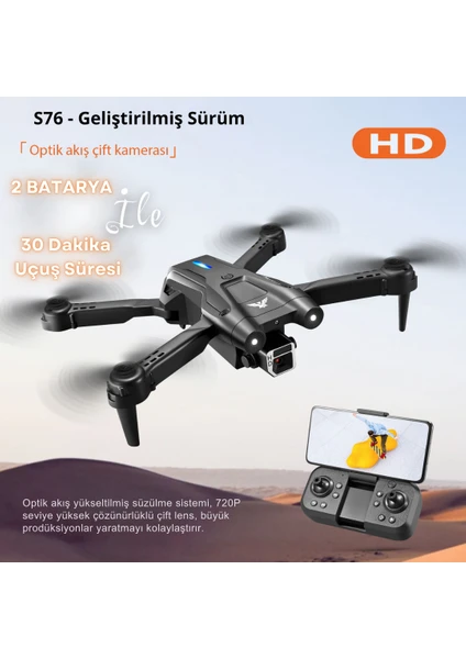 S76 Drone Fırçasız Motor 2 Batarya ile 30 Dakika Uçuş Süresi Hd 720P Çift Kameralı Taşıma Çantalı