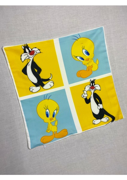 Tweety Ve Sylvester Desenli Kırlent Kılıfı ve Yastık