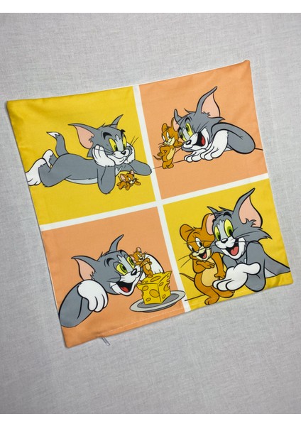 Tom Ve Jerry Desenli Dijital Baskılı Kırlent Kılıfı ve Yastık