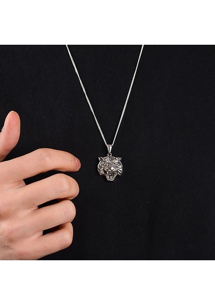Gümüş Kaplan Kolye 925 Ayar Gümüş Kaplan Başlı Erkek Kolye