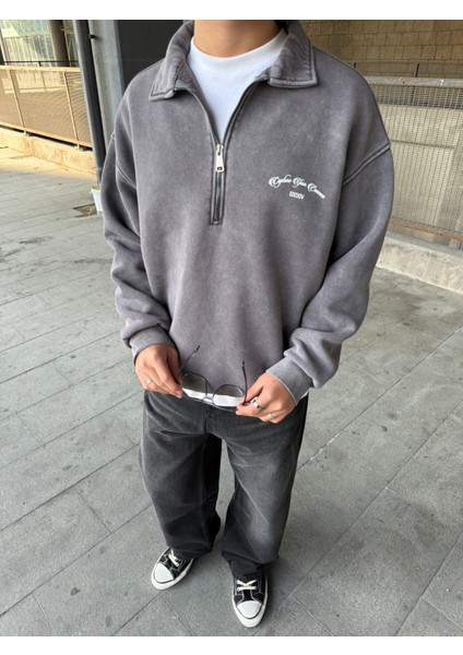 Oversize Yarım Fermuarlı Baskılı Yıkamalı Sweatshirt Kahverengi