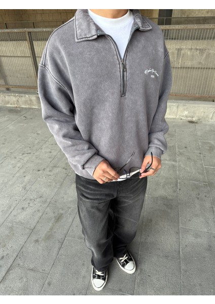 Oversize Yarım Fermuarlı Baskılı Yıkamalı Sweatshirt Kahverengi