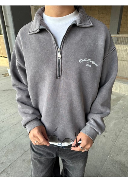 Oversize Yarım Fermuarlı Baskılı Yıkamalı Sweatshirt Kahverengi