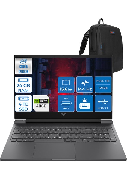 Victus Gaming 15 Intel Core I5 12500H 24GB 4tb SSD 8GB/RTX4060/75W Freedos 15.6" 144Hz IPS 9ms Taşınabilir Bilgisayar HP03C7EAF07 + Zettaçanta