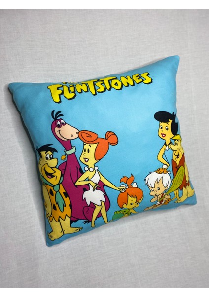 Nostaljik Çizgi Film The Flintstones (Çakmaktaşlar) Desenli Dekoratif Dijital Baskılı Kırlent Kılıfı ve Yastık