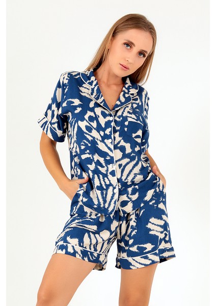 Blue Patterned Kısa Kollu Kadın Şortlu Pijama Takım