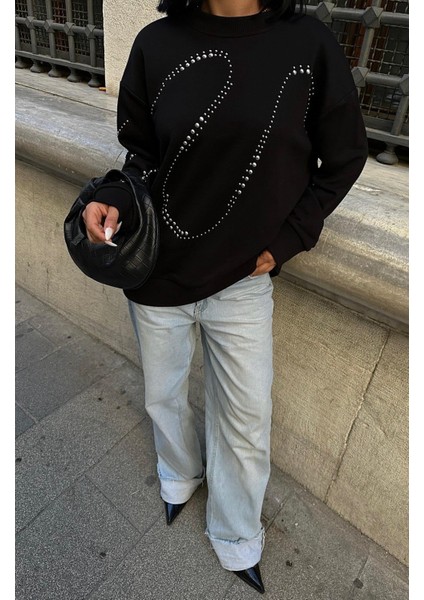 Siyah Taşlı Sweatshirt