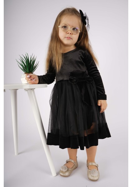 Kız Çocuk Yılbaşı Temalı Fiyonklu Eteği Tül Uzun Kol Elbise