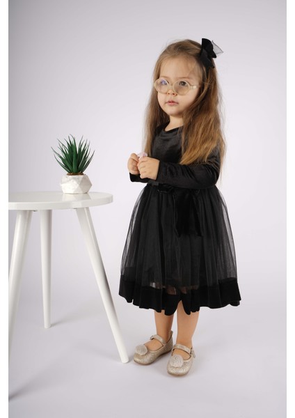 Kız Çocuk Yılbaşı Temalı Fiyonklu Eteği Tül Uzun Kol Elbise modelleri