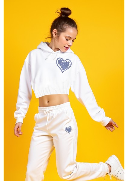 Almogro Ekru Pamuklu Kız Çocuk Crop Sweatshirt