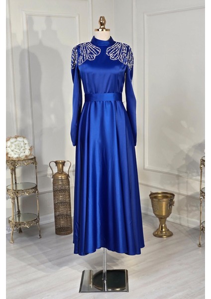 Saks Mavi Saten Çiçek Taşlı Elbise 4617