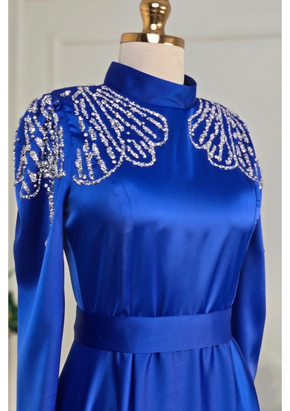 Saks Mavi Saten Çiçek Taşlı Elbise 4617