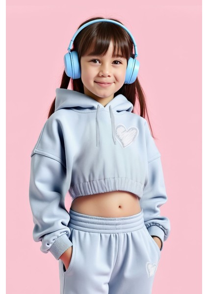 Almogro Mavi Pamuklu Kız Çocuk Crop Sweatshirt