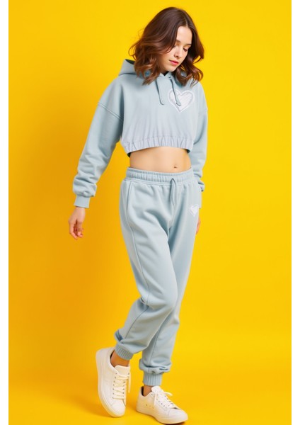 Almogro Mavi Pamuklu Kız Çocuk Crop Sweatshirt fiyatları