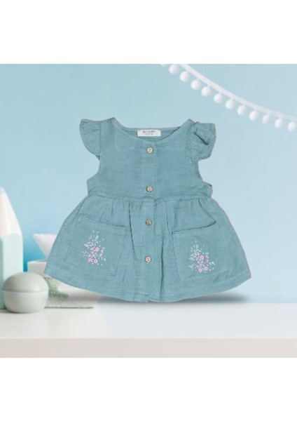 Kız Çocuk Yeşil Çiçek Nakışlı Cepli Külotlu Elbise