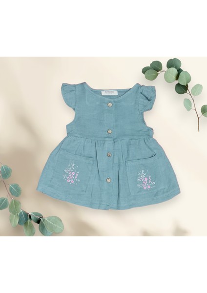 Kız Çocuk Yeşil Çiçek Nakışlı Cepli Külotlu Elbise fırsatları