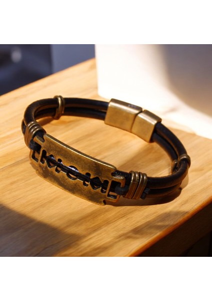 Siyah Deri Jilet Figürlü Bileklik Metal Mıknatıs Kapamalı 3 Beden fırsatları