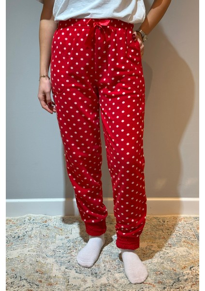 Kadın Polar Manşetli Pijama Tek Alt Puantiye 130 Kırmızı