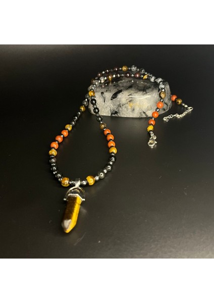 Sertifikalı Kaplan Gözü Obsidyen Jasper Labrodorit Lal Doğal Taş Çivi Model Kolye 55 cm