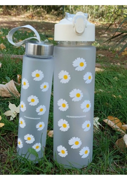 Papatyalı Motivasyonel 2'li Set Su Matarası 900 ML+500 ml Tritan Suluk