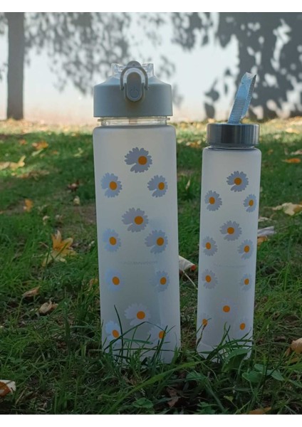 Papatyalı Motivasyonel 2'li Set Su Matarası 900 ML+500 ml Tritan Suluk