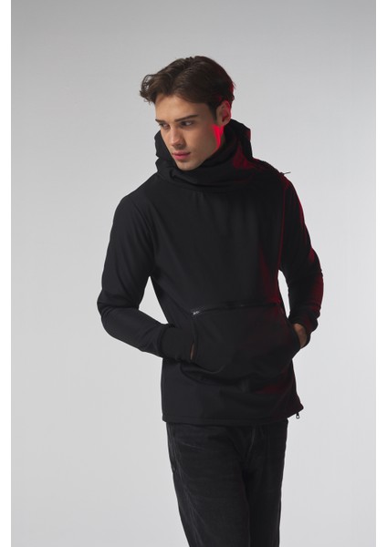 Siyah,şardonlu,kapüşonlu Sabitlenen Boğazlı Erkek Üst