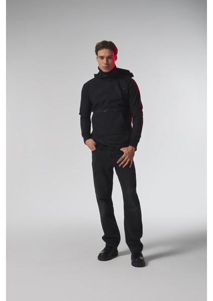 Siyah,şardonlu,kapüşonlu Sabitlenen Boğazlı Erkek Üst