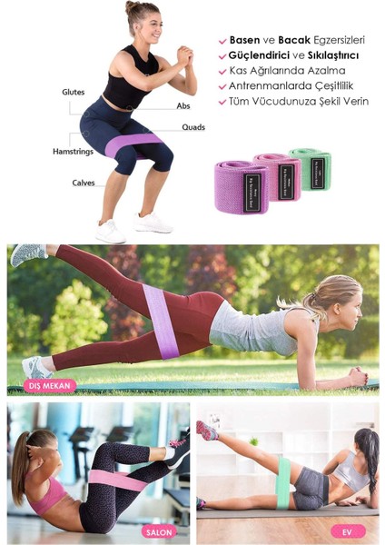 3'lü Direnç Lastiği Seti, Pilates ve Fitness Kalça Egzersizi, Renkli ve Hafif Orta Sert fiyatları