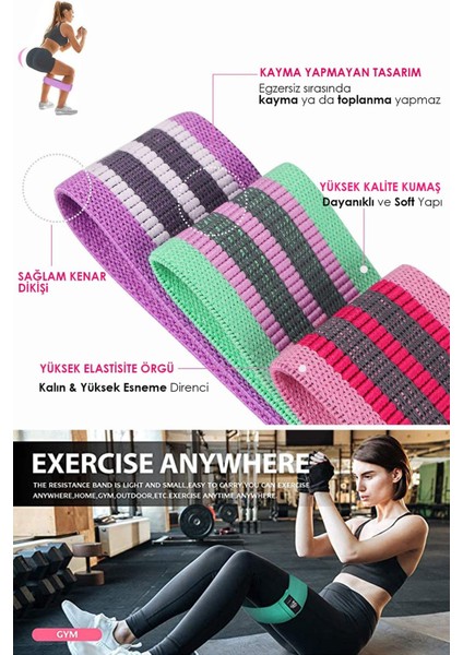 3'lü Direnç Lastiği Seti, Pilates ve Fitness Kalça Egzersizi, Renkli ve Hafif Orta Sert indirimleri