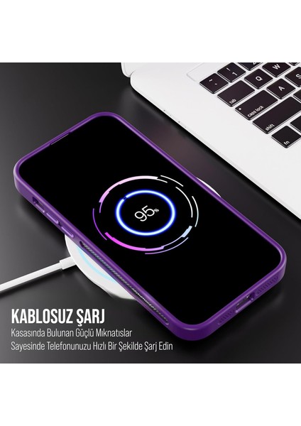 iPhone Için Kılıf Kamera Korumalı Magsafe Wireless Şarj Özellikli Mat Şeffaf Renkli Standlı Kılıf (Lens Hediyeli)
